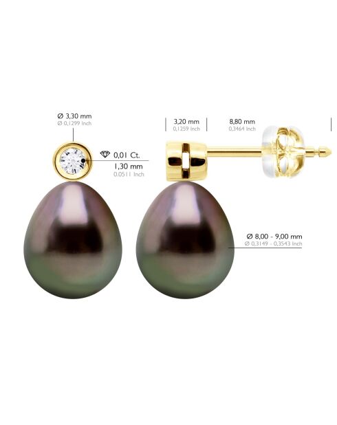 Boucles d'Oreilles Prestige Or jaune, Diamants 0,02 Cts & Perles de Culture de Tahiti Poires peacock