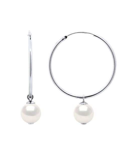 Boucles d'Oreilles Créoles Argent & Véritables Perles de Culture Rondes 9-10 mm