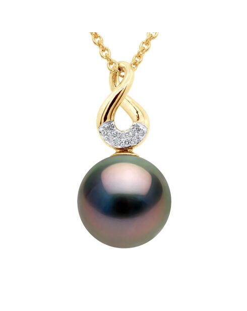 Pendentif Huit en Or Jaune, Diamants 0,03 Cts & Perle de Culture de Tahiti Ronde peacock