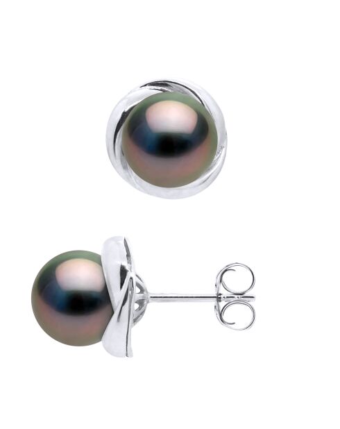 Boucles d'Oreilles Or Blanc & Perles de Culture de Tahiti Ronde peacock