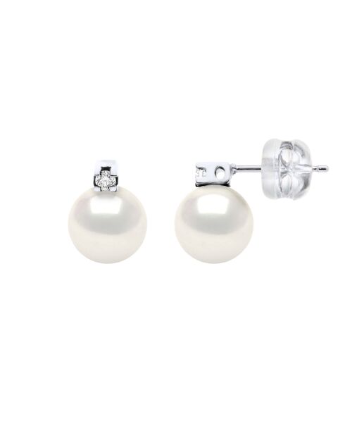 Boucles d'Oreilles Prestige Or Blanc, Diamants 0,04 Cts & Perles d'Eau Douce Rondes blanches