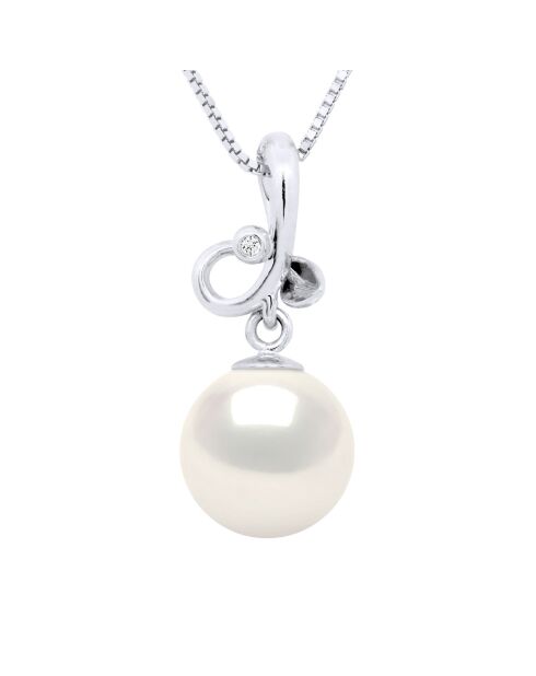 Pendentif Triple Noeud Or Jaune, Diamant 0,010 Cts & Perle de Culture d'Eau Douce Ronde blanche