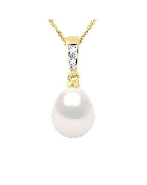 Pendentif Joaillerie Or Jaune, Diamants 0,01 Cts & Perle de Culture d'Eau Douce Poire blanche