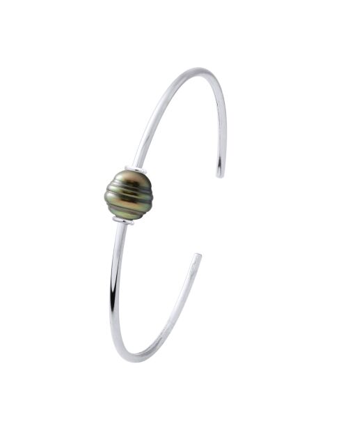 Jonc en Argent & Perle de Culture de Tahiti Cerclée peacock 9-10 mm