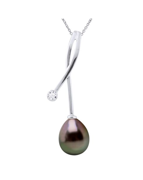 Collier Joaillerie en Or Blanc, Diamants & Perle de Tahiti Poire peacock 8-9 mm