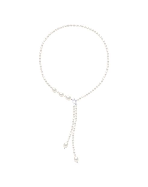 Collier Cravate en Argent Perles de Culture d'Eau Douce Grain de riz blanches