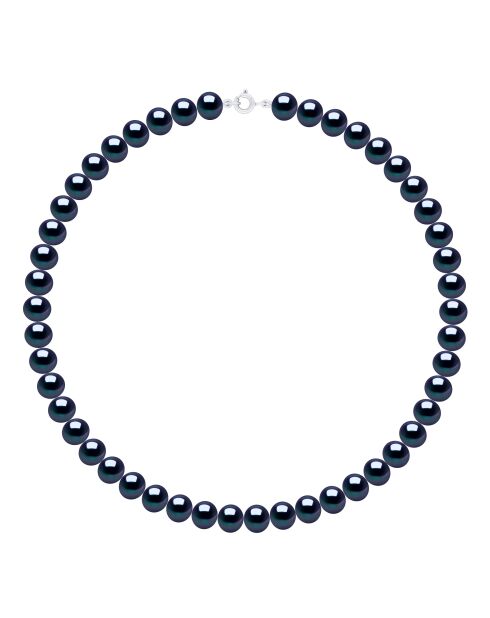 Collier en Or Blanc & Perles d'Eau Douce Semi Rondes noires 8 - 9 mm