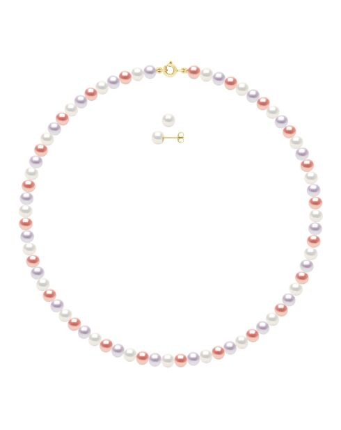 Parure Collier & Boucles d'oreilles Perles de Culture d'Eau Douce Semi Rondes multicolores