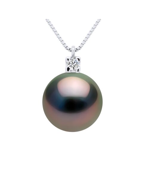 Collier Joaillerie en Or Blanc, Diamants & Perle de Culture de Tahiti Ronde peacock 9-10 mm