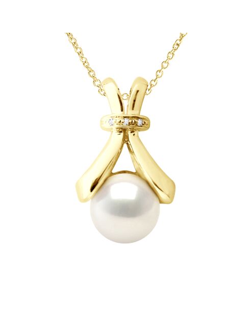 Collier Joaillerie Or Jaune, Diamant 0.01Cts & Perle de Culture d'Eau Douce Bouton blanche