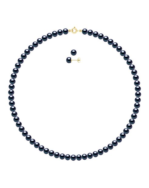 Parure en Or Jaune Collier & Boucles d'oreilles Perles de Culture d'Eau Douce Semi Rondes noires