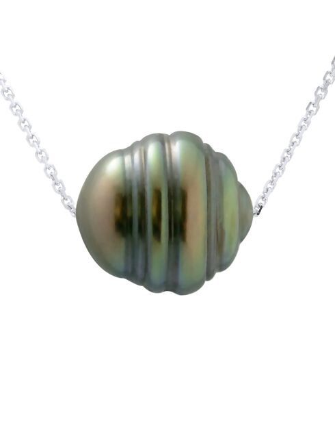 Collier en Or Blanc & Perle de Culture de Tahiti Traversante Cerclée peacock 10-11 mm