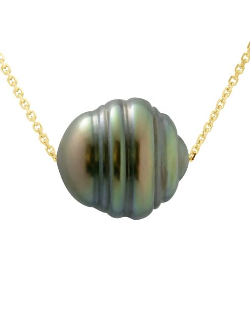 Collier en Or Jaune & Perle de Culture de Tahiti Traversante Cerclée peacock 10-11 mm
