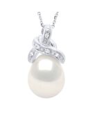 Collier Bélière Noeud en Or Blanc, Diamants & Perle d'eau Douce Poire blanche 9-10 mm