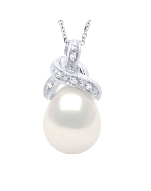 Collier Bélière Noeud en Or Blanc, Diamants & Perle d'eau Douce Poire blanche 9-10 mm