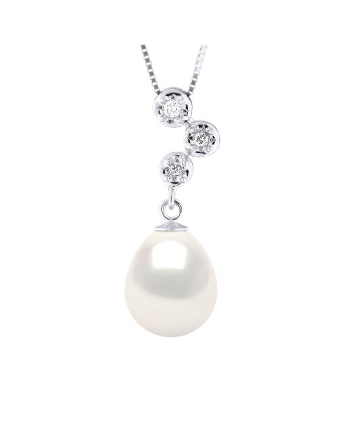 Collier Joaillerie en Or Blanc, Diamants & Perle de Culture d'Eau Douce Poire blanche 9-10 mm