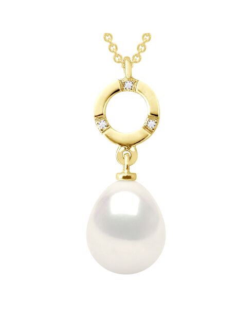 Collier Joaillerie en Or Jaune, Diamant & Perle de Culture d'Eau Douce Poire blanche 9-10 mm