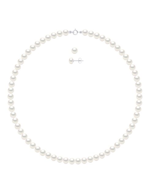 Parure Collier & Boucles d'Oreilles Or Blanc Perles de Culture d'Eau Douce blanches