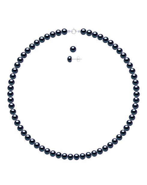 Parure Collier & Boucles d'Oreilles Or Blanc Perles de Culture d'Eau Douce noires