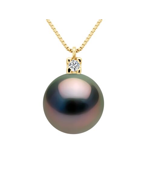 Collier Joaillerie Or Jaune, Diamants 0,03 Cts & Perle de Culture de Tahiti Ronde peacock