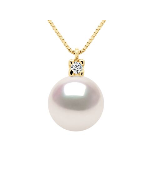Collier Joaillerie Or Jaune, Diamants 0,03 Cts & Perle de Culture Akoya Japonaise ronde blanche