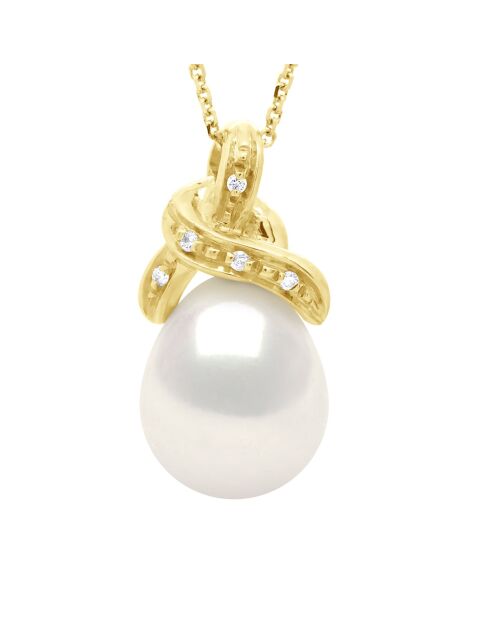 Collier Bélière Noeud Or Jaune, Diamants 0.04 Cts & Perle d'Eau Douce Poire blanche