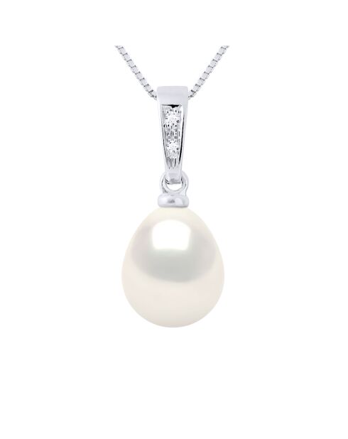 Pendentif Joaillerie Or Blanc, Diamants 0,01 Cts  & Perle de Culture d'Eau Douce Poire blanche