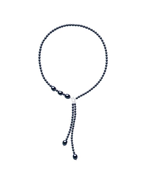 Collier Cravate en Argent & Perles de Culture d'Eau Douce Grain de Riz noires 5 mm