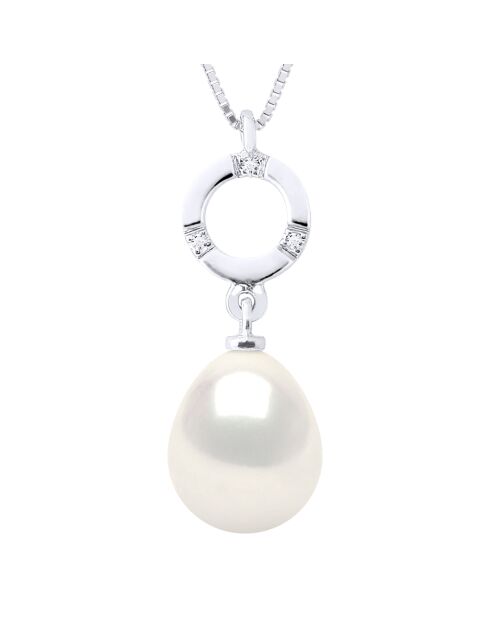 Collier Joaillerie en Or Blanc, Diamant & Perle de Culture d'Eau Douce Poire blanche 9-10 mm