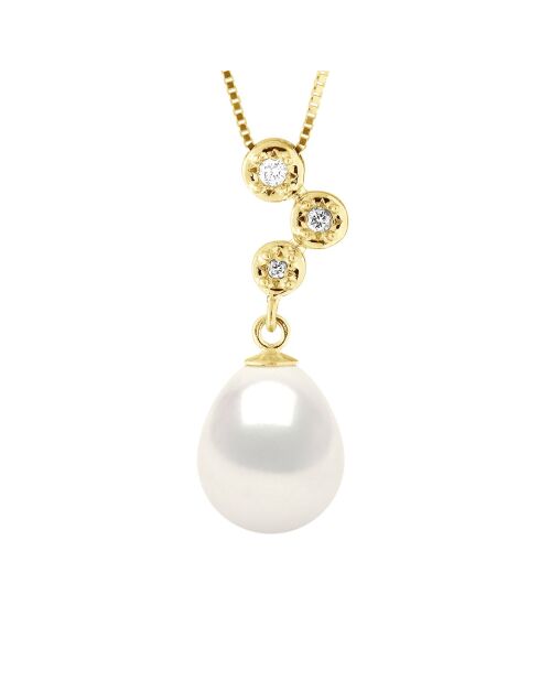 Collier Joaillerie en Or Jaune, Diamants & Véritable Perle de Culture d'Eau Douce Poire blanche 9-10 mm