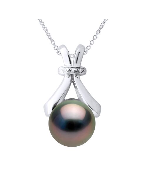 Collier Joaillerie Or Blanc, Diamant 0.01Cts & Perle de Culture de Tahiti Ronde peacock