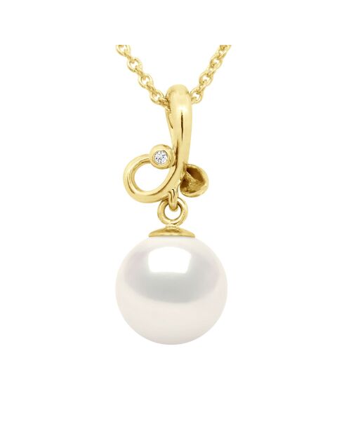 Pendentif Triple Noeud Or Jaune, Diamant 0,010 Cts & Perle de Culture d'Eau Douce Ronde blanche
