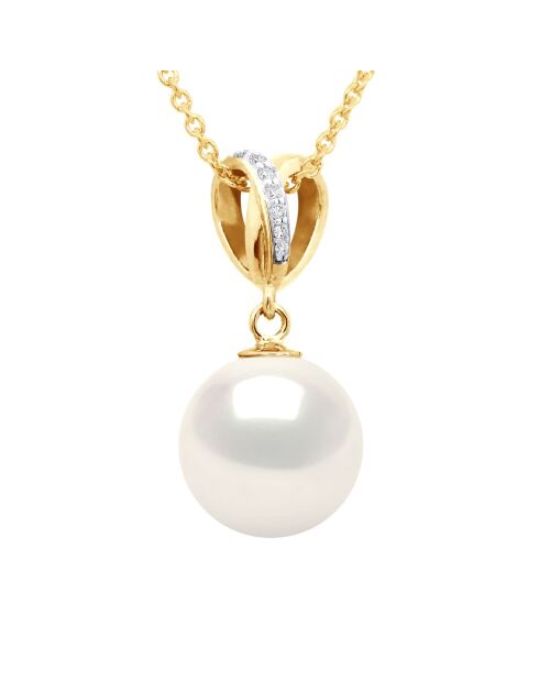 Pendentif Double Noeud Or Jaune, Diamants 0,03 Cts & Perle de Culture d'Eau Douce Ronde blanche