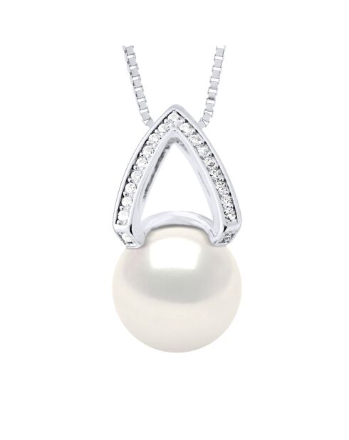 Collier Pendentif zirconium Argent & Véritable Perle de Culture d'Eau Douce Bouton 10 mm