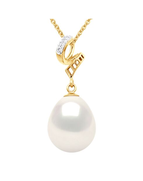 Pendentif Volutes Or Jaune, Diamants 0,03 Cts & Perle de Culture d'Eau Douce Poire blanche