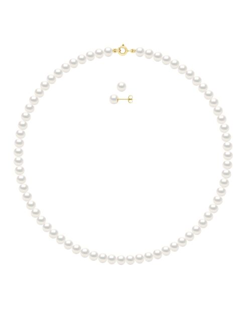 Parure en Or Jaune Collier & Boucles d'oreilles Perles de Culture d'Eau Douce Semi Rondes blanches
