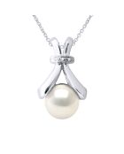 Collier Joaillerie Or Blanc, Diamant 0.01Cts & Perle de Culture d'Eau Douce Bouton blanche