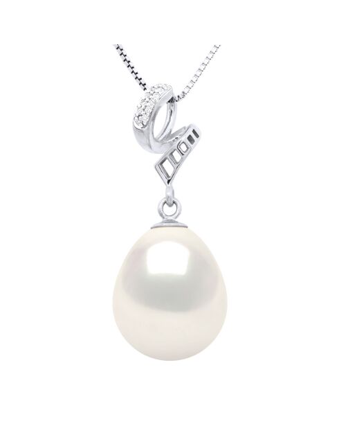 Pendentif Volutes Or Blanc, Diamants 0,03 Cts & Perle de Culture d'Eau Douce Poire blanche
