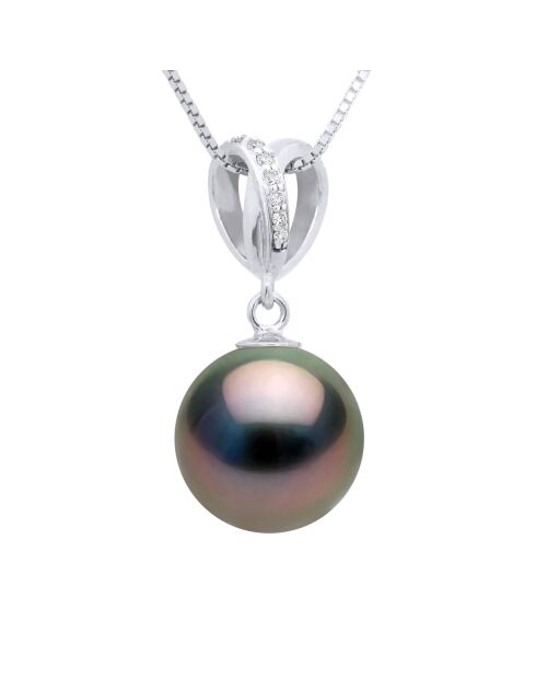 Pendentif Double Noeud Or Blanc & Perle de Culture de Tahiti Ronde peacock