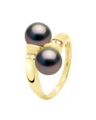Bague Toi et Moi Or Jaune, Diamants 0,06 Cts & Perles de Culture de Tahiti Rondes peacock