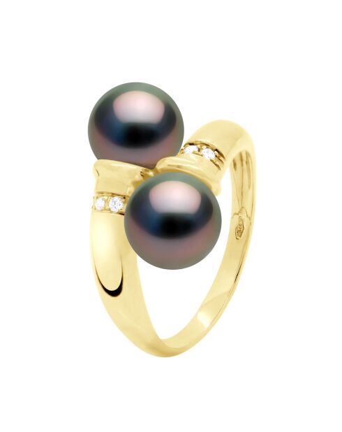 Bague Toi et Moi en Or Jaune Diamants Véritables Perles de Culture de Tahiti Rondes peacock