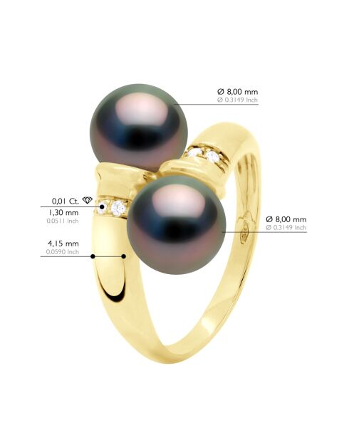Bague Toi et Moi en Or Jaune Diamants Véritables Perles de Culture de Tahiti Rondes peacock