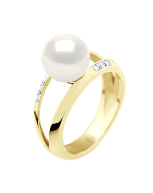 Bague Jonc en Or Jaune, Diamants & Perle de Culture d'Eau Douce Ronde blanche 8-9 mm
