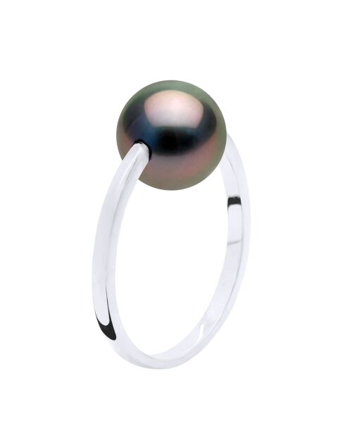 Bague Jonc en Or Blanc & Perle de Culture de Tahiti Ronde peacock 8-9 mm
