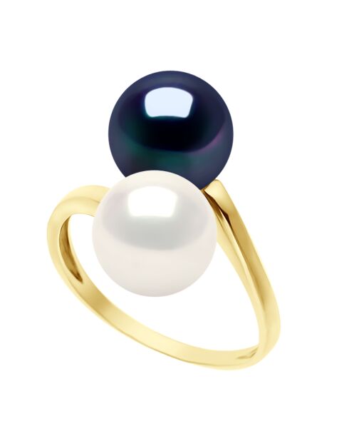 Bague Jonc Toi et Moi Or Jaune & Perles de Culture d'Eau Douce Rondes blanc/noir