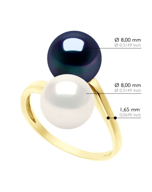 Bague Jonc Toi et Moi Or Jaune & Perles de Culture d'Eau Douce Rondes blanc/noir