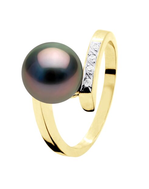Bague Joaillerie Diamant 0,04 Cts (4 x 0,01 Cts - Qualité Hsi ) Or Jaune - Véritable Perle de Culture de Tahiti Ronde 8-9 mm