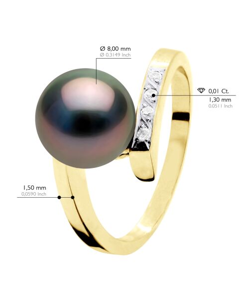 Bague Joaillerie Diamant 0,04 Cts (4 x 0,01 Cts - Qualité Hsi ) Or Jaune - Véritable Perle de Culture de Tahiti Ronde 8-9 mm