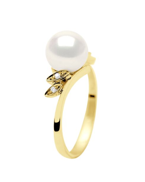 Bague Or Jaune, Diamants 0,04 Cts & Perle de Culture d'Eau Douce Ronde blanche