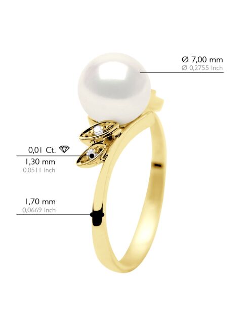 Bague Or Jaune, Diamants 0,04 Cts & Perle de Culture d'Eau Douce Ronde blanche